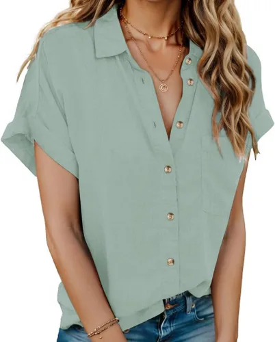 Vista 25 de HOTOUCH Camisas de Lino para Mujer con Botones Blusas de Manga Corta de Algodón Cuello en V con Cuello Tops de Gasa con Botones S-3XL