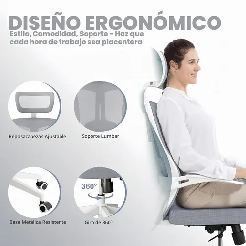 Vista 5 de Silla de oficina ergonómica, sillas de escritorio cómodas de 350 libras con reposacabezas ajustable y soporte lumbar para espalda, sillas de gris