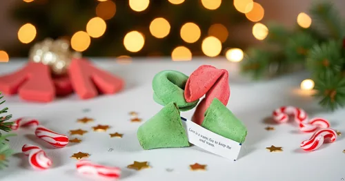Vista 5 de Fun Express Fortune Cookies envueltas individualmente a granel, 50 galletas rojas y verdes de Navidad para fiestas de vacaciones, golosinas