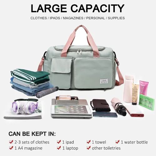 Vista 179 de Pequeña bolsa de gimnasio para mujer, bolsa de viaje con compartimento para zapatos
