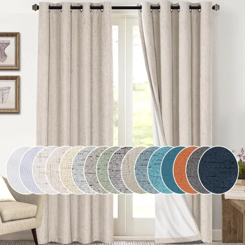 Vista 146 de Cortinas con textura de lino 100% opacas de 64 pulgadas de largo, juego de 2 paneles de cortinas de lino opacas con forro aislante térmico que Arena