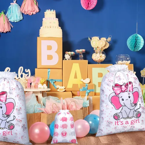 Vista 4 de Sadnyy 4 bolsas de regalo para baby shower, grandes elefantes rosas con cordón de tela, para baby shower, cumpleaños infantil, fiesta de revelación