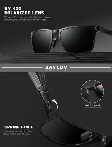 Vista 4 de ANYLUV Gafas de sol polarizadas para hombre, lentes de sol de lujo con patillas de fibra de carbono para hombres, estilo rectangular, protección UV