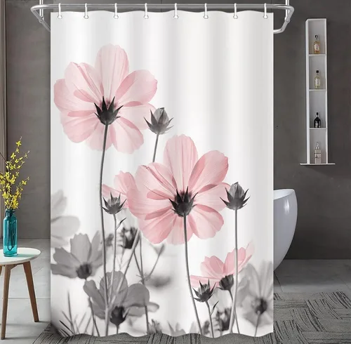 Vista 54 de MERCHR Cortina única floral azul para decoración de baño, cortina de ducha estilo granja con flores de margarita azul y gris elegantes y diseño