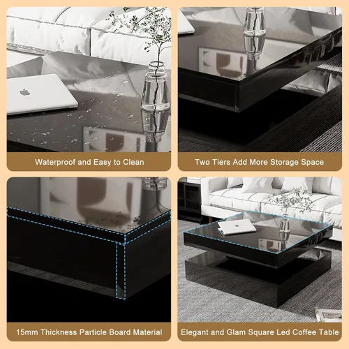 Vista 6 de HedoAjim Mesa de centro LED negra para sala de estar, mesa de sala de estar, mesas centrales cuadradas de 2 niveles, mesas de centro de madera