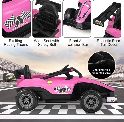 Vista 7 de HONEY JOY Go Kart eléctrico de carreras F1 alimentado por batería, con luz y música, suspensión de resorte, puerto USB, velocidad altabaja, vehículo