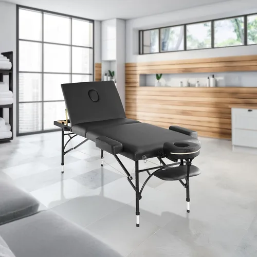 Vista 2 de Saloniture Mesa de masaje profesional portátil ligera de tres pliegues con patas de aluminio, incluye reposacabezas, soporte facial, reposabrazos