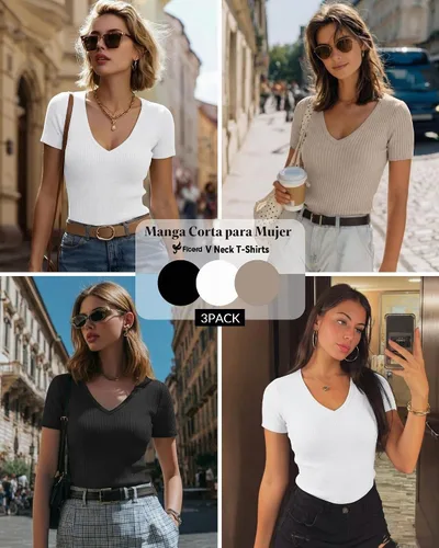Vista 2 de Ficerd Paquete de 3 camisetas de algodón de manga corta para mujer, cuello en V, acanaladas, ajustadas, camisetas básicas casuales de verano