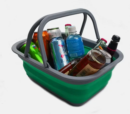Vista 7 de SAMMART Bañera plegable de 9.2 L (2.37 galones) con asa y colador ovalado sobre el fregadero de 5 litros (verde azulado (cesta) + gris (colador))