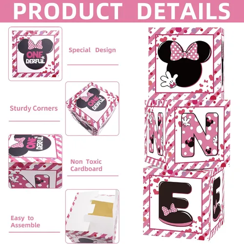 Vista 4 de Suministros de cajas de globos para fiesta de primer cumpleaños para bebé, niñas 3 piezas con temática de ratón rosa, cajas de globos de un año