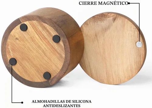 Vista 3 de Cajas de especias de madera de acacia con cubierta giratoria para encimera de cocina, conservador de sal con cuchara integrada, moderno decorador