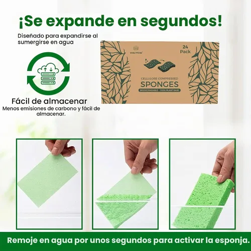 Vista 7 de Esponjas de celulosa – Paquete de 24 esponjas multicolor comprimidas naturales para cocina – A base de plantas, biodegradables, antiarañazos, secado