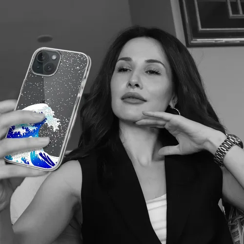 Vista 7 de Funda diseñada para iPhone 15, diseño de ondas en cielo estrellado, funda transparente de teléfono para mujer con ondas japonesas para iPhone 15, a
