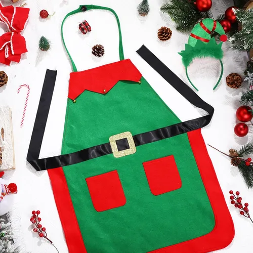Vista 4 de Toulite Juego de 24 delantales de elfo de Navidad con diademas, disfraces de fiesta de Navidad, delantales a granel para adultos y niños para hornear