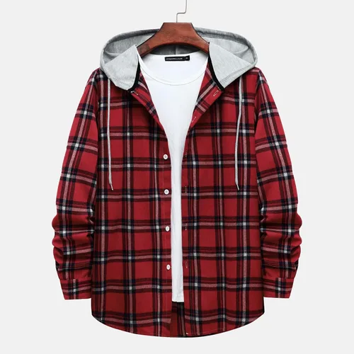 Vista 3 de Aymnlox Sudaderas con capucha para hombre, de manga larga, a cuadros, con botones, con capucha, casual, elegante, con cordón, 2024 #A01-Red