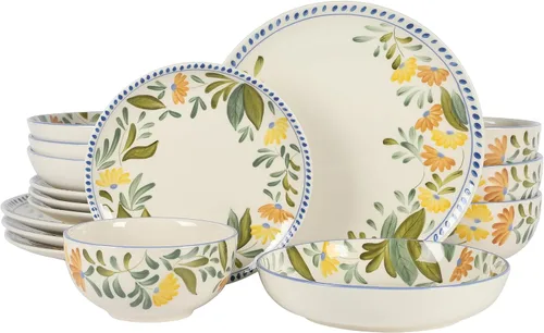Vista 8 de Bloomhouse Cassia Bud 16 Piezas Juego de Vajilla de Gres con Cuencos Dobles Pintados a Mano y Platos Florales