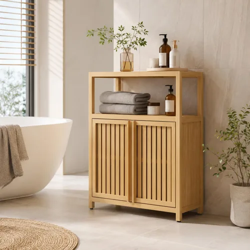 Vista 8 de Gabinete de almacenamiento de baño de bambú de 52 pulgadas de alto Natural