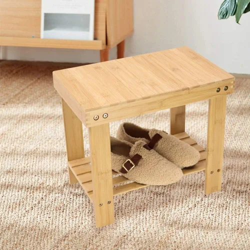 Vista 2 de Taburete de bambú KKTONER con banco de ducha y almacenamiento con estante, silla de pie para baño, sala de estar, dormitorio, color natural