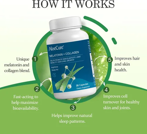 Vista 3 de AloeCure Melatonina natural + colágeno con aloe vera orgánico – Suplemento natural para dormir para noches reparadoras – Complejo de colágeno