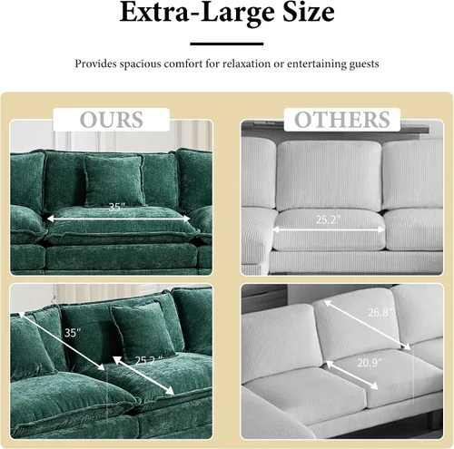 Vista 5 de Sofá seccional modular verde de 111.5", sofás seccionales grandes de 3 plazas para sala de estar, sofá nube oversized de tela chenille con otomana