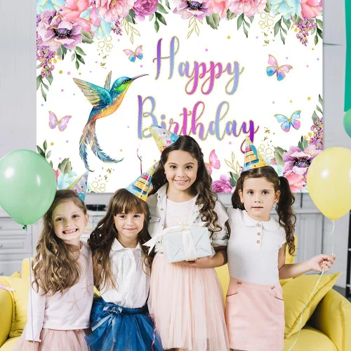 Vista 6 de MEHOFOND Fondo de cumpleaños de colibrí de 7 x 5 pies, fondo floral de acuarela de primavera para niña, suministros de fiesta de primer cumpleaños