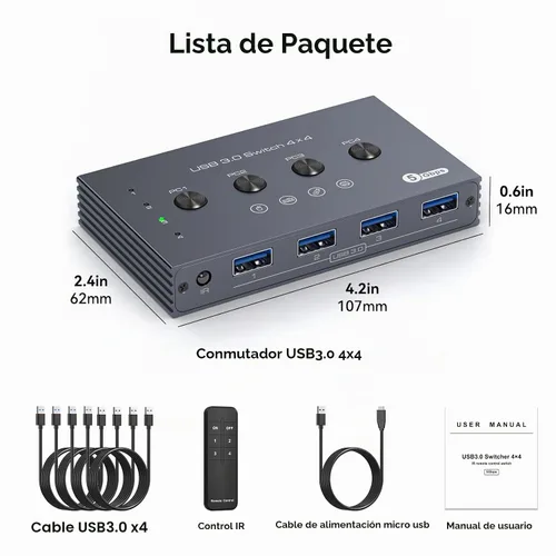 Vista 7 de Selector de interruptor USB 3.0 4 computadoras comparten 4 puertos USB A para ratón, teclado, impresora, escáner con control remoto inalámbrico