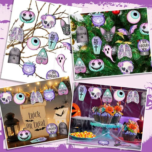 Vista 6 de Maitys 36 piezas de adornos de Navidad góticos, adornos de árbol de Navidad de madera espeluznantes de terror, fantasmas morados y rosas, gato