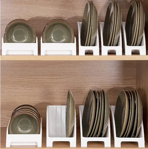 Vista 6 de 3 soportes para platos llanos, organizador de gabinete de cocina de plástico para platos verticales, estante de almacenamiento para encimera
