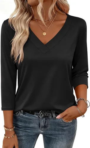 Vista 17 de Zeagoo Camisetas de manga 3/4 para mujer, cuello en V, blusa casual elegante, camisetas básicas 2026, ropa de moda S-2XL
