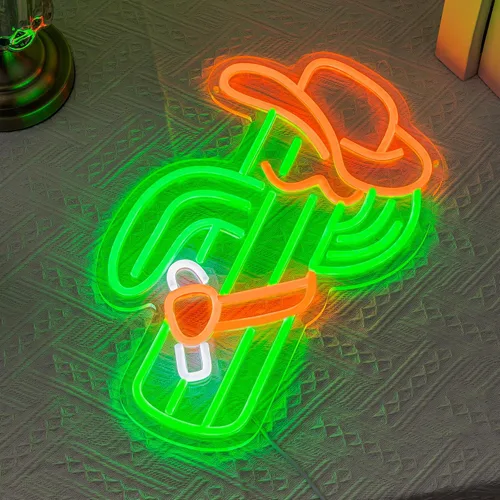 Vista 5 de Letrero de neón de cactus, luz de neón de sombrero de vaquero para decoración de pared, letrero de neón LED de vaquero, luz de neón LED colorida