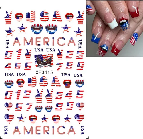 Vista 5 de RIICFDD 8 hojas de calcomanías para uñas del 4 de julio, autoadhesivas 3D de bandera de Estados Unidos para arte de uñas, calcomanías del día