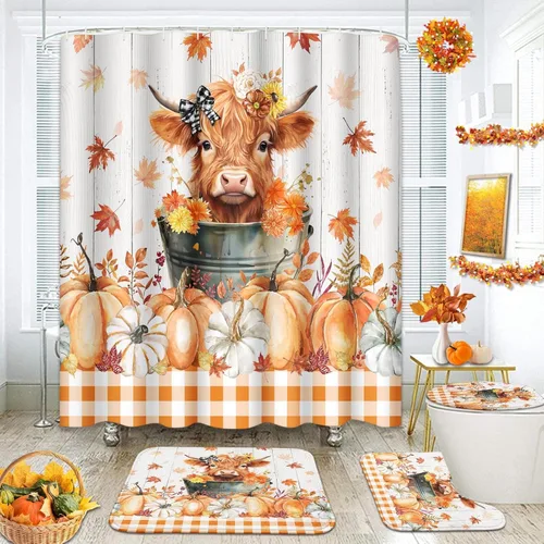 Vista 9 de ArtSocket Juegos de baño de otoño con cortina de ducha y alfombras, arce