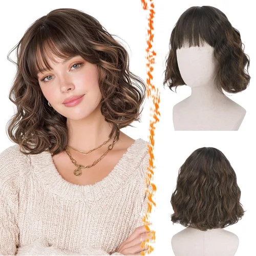 Vista 13 de BARSDAR Peluca corta ondulada con reflejos castaño, peluca corta ondulada con flequillo para mujer, gruesa, suave, sintética, texturizada, rizada