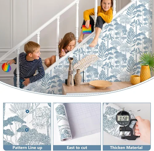 Vista 2 de Papel tapiz azul y blanco, moderno, para despegar y pegar, papel de contacto de árbol del bosque para gabinetes, papel adhesivo autoadhesivo