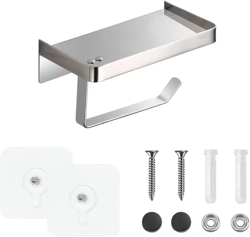 Vista 9 de Soporte adhesivo de papel higiénico con estante, soporte de rollo de papel higiénico de acero inoxidable 304, dispensador de papel higiénico