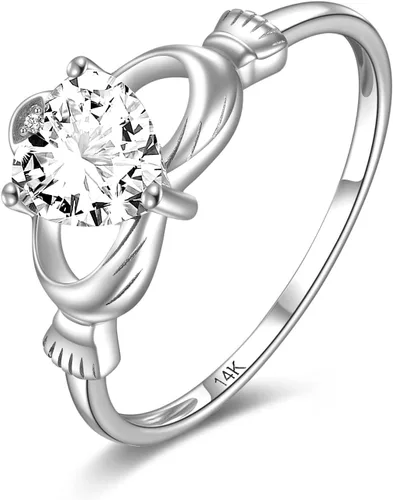 Vista 7 de ELFRONT Anillo de corazón de Claddagh irlandés de oro macizo de 14 quilates, joyería celta con moissanita para mujer, lealtad, promesa, compromiso