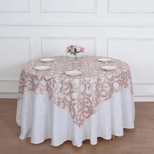 Vista 20 de Efavormart - Superposición de mesa de tul bordado de hojas de lentejuelas plateadas de 72 x 72 pulgadas, mantel cuadrado transparente Plateado