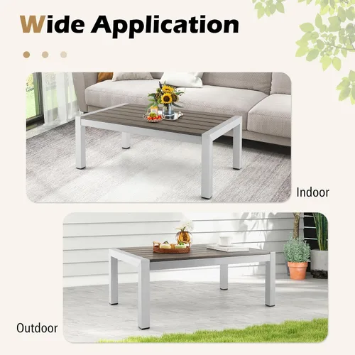 Vista 7 de Tangkula Mesa de centro de aluminio para exteriores, moderna mesa de cóctel rectangular con mesa de madera de plástico y marco de aluminio