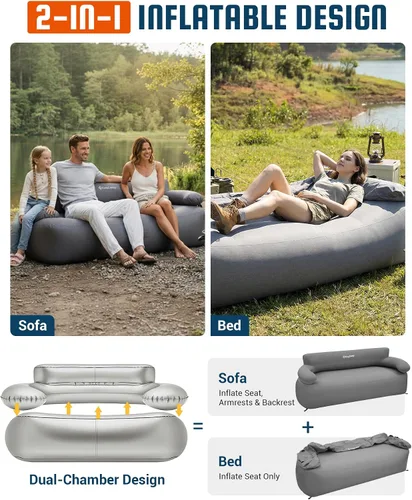 Vista 4 de KingCamp Sofá inflable para camping, sofá inflable para 2 personas con bomba de pie, tumbona de aire resistente de 880 libras, funda extraíble