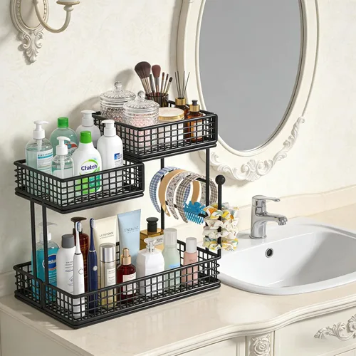 Vista 7 de Organizador de maquillaje para tocador, organizador de encimera de baño de metal de 3 niveles, soporte de almacenamiento para el cuidado de la piel