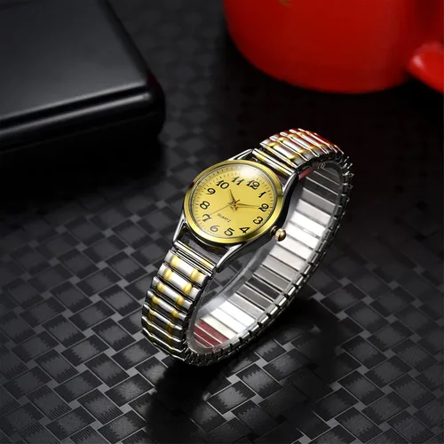 Vista 3 de Lancardo Reloj de banda elástica para mujer cuarzo fácil de leer número arábigo esfera redonda banda elástica reloj de pulsera plata oro