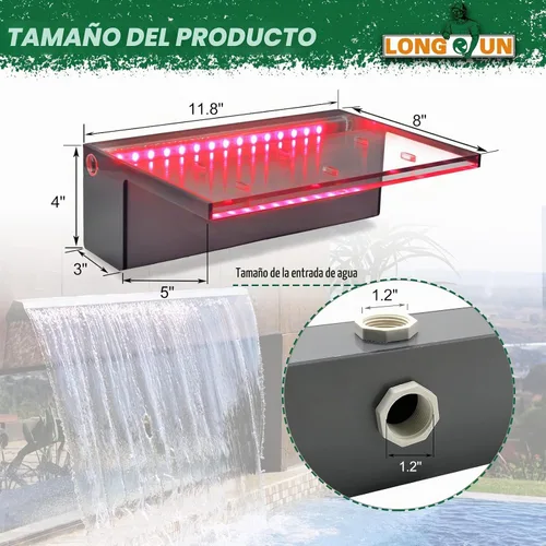 Vista 3 de Fuente de piscina al aire libre LONGRUN con control de aplicación, desagüe de cascada, luz LED multicolor, kit de fuentes de cascada de agua Gris