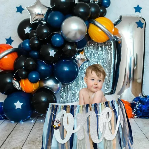 Vista 4 de BEISHIDA Pancarta de Primera Silla Alta Decoraciones de Cumpleaños de 1 Año Tema de Astronauta Negro Azul Primera Pancarta de Cumpleaños para Niñas