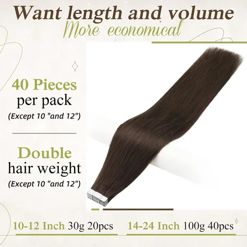 Vista 6 de Full Shine Extensiones de cabello con cinta marrón y extensiones adhesivas de 12 pulgadas, cabello humano real de 2.12 oz para mujer