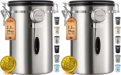 Vista 9 de Veken Recipiente de café, recipiente hermético de acero inoxidable para almacenamiento de alimentos con rastreador de fecha y cuchara para café Gris