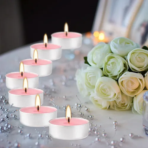 Vista 6 de Velas aromáticas de rosa rosa, paquete de 100 velas votivas gigantes a granel, juego de velas de té sin humo para el día de San Valentín