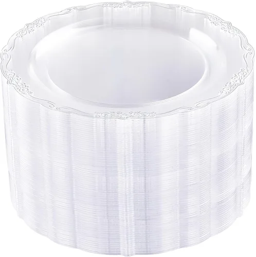 Vista 13 de DaYammi 60 piezas de platos de plástico transparente dorado elegantes platos desechables transparentes resistentes premium de 10.25 pulgadas