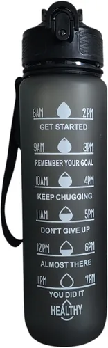 Vista 4 de Botella de agua deportiva con marcador de tiempo, 32 onzas, seguimiento motivacional, sin BPA, azul, verde y negro (negro)