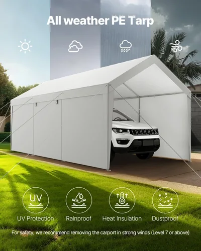 Vista 27 de VEVOR Cobertizo Tienda de Almacenamiento Exterior Portátil Resistente de 6 x 8 x 7 pies, Refugio de Cochera Garaje Impermeable con Puerta Enrollable