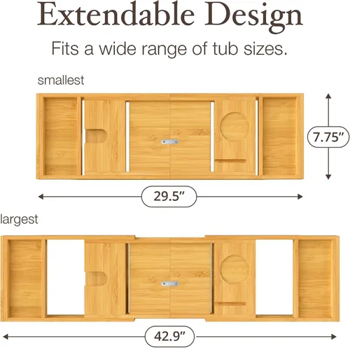 Vista 7 de Bambüsi Mesa de bandeja de bañera, plegable y ajustable, bandeja de bañera de bambú plegable, accesorios de bañera de madera, regalos únicos